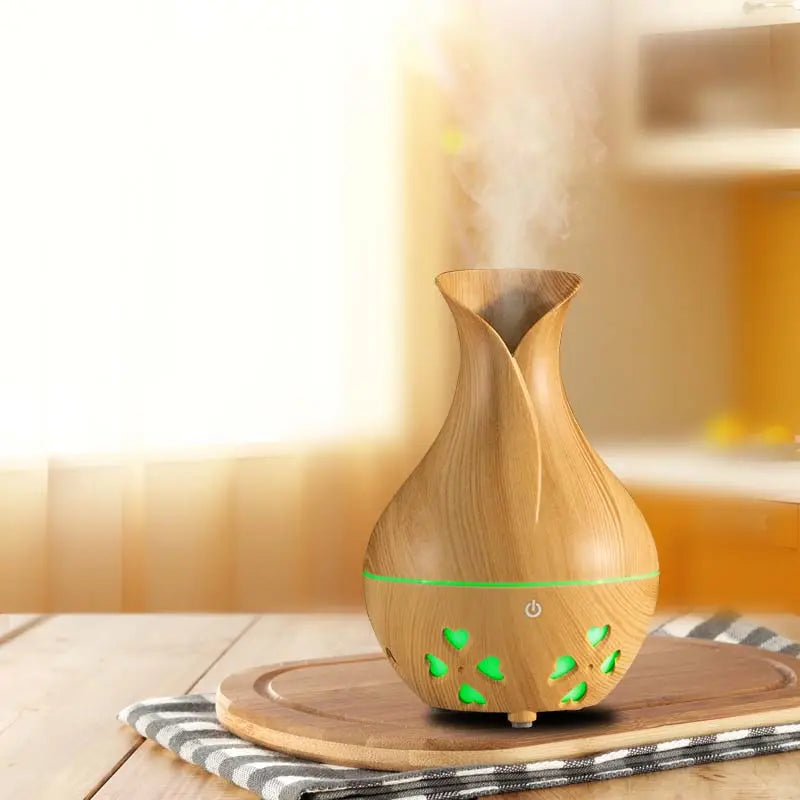 New Small Vase 300ml Wood Grain Aromatherapy Machine Ultrasonic Mist Maker Fogger Led Humidificador De Ar for Office