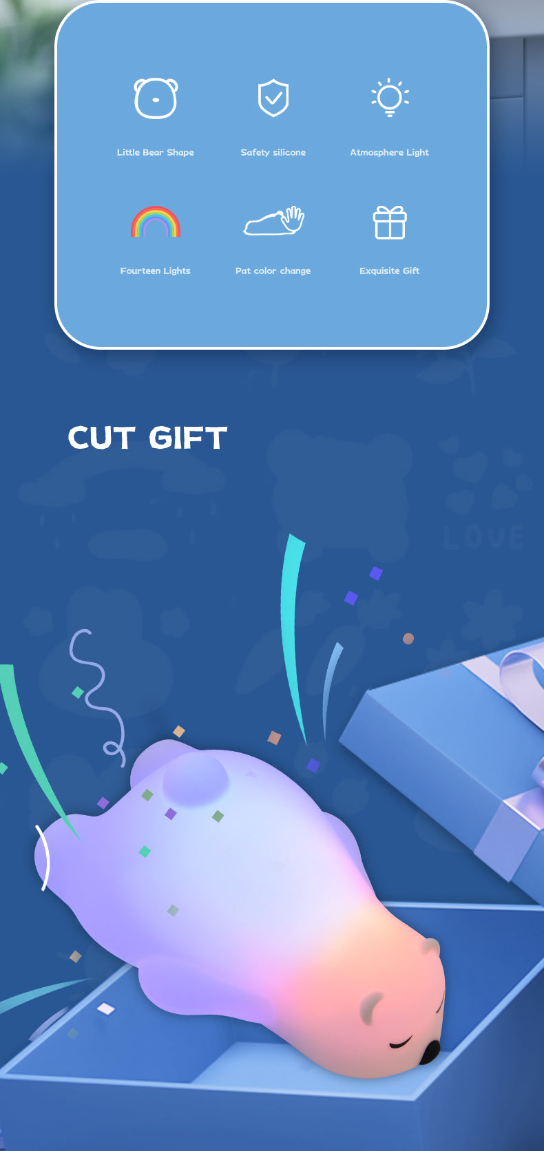 LED Colorful Night Light, Cute Lying Bear Shaped Soft Silicone USB Rechargeable Feeding Toddler Bedroom Bedside Decor Birthday Xmas Gifts for Kid Baby Child