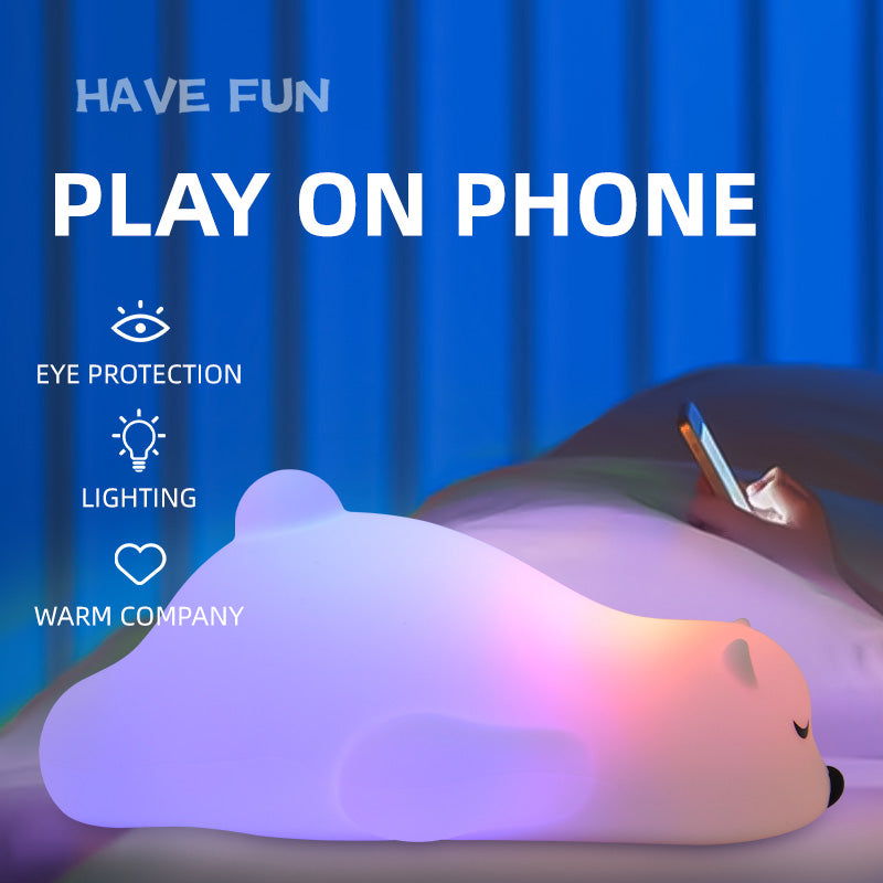 LED Colorful Night Light, Cute Lying Bear Shaped Soft Silicone USB Rechargeable Feeding Toddler Bedroom Bedside Decor Birthday Xmas Gifts for Kid Baby Child