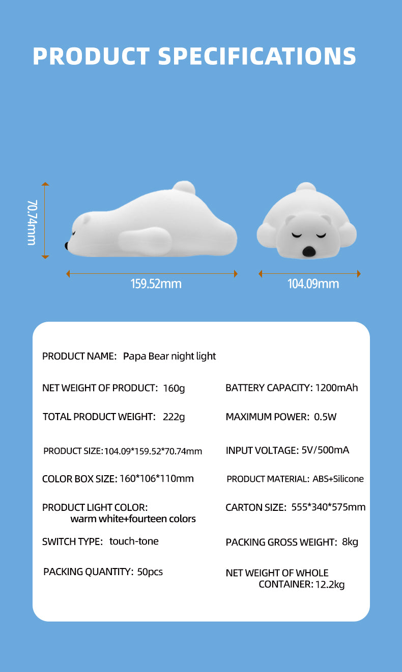 LED Colorful Night Light, Cute Lying Bear Shaped Soft Silicone USB Rechargeable Feeding Toddler Bedroom Bedside Decor Birthday Xmas Gifts for Kid Baby Child