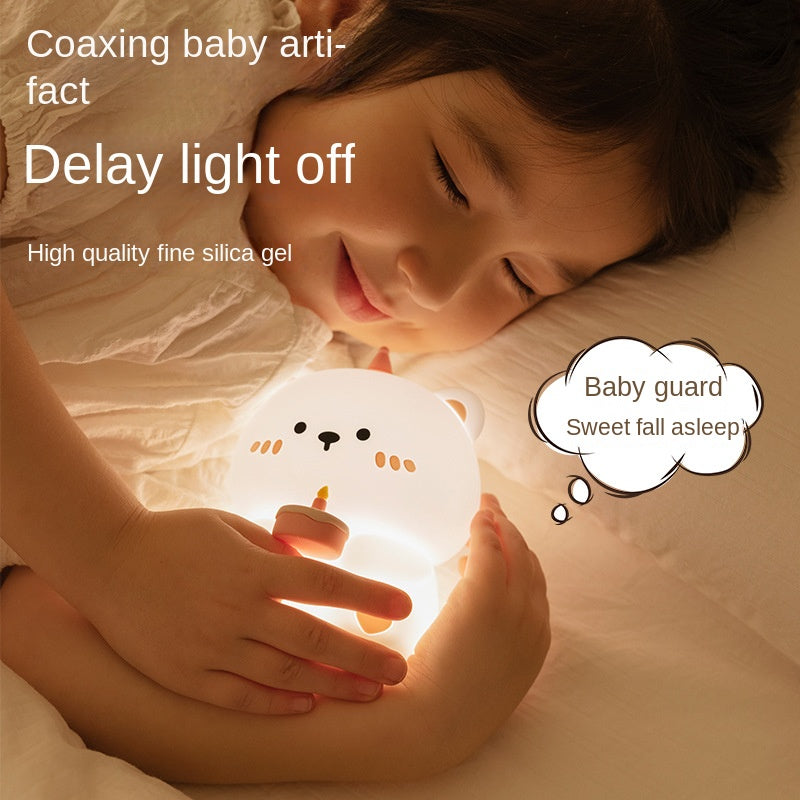 Bonita luz nocturna para niños luz nocturna de oso pastel de cumpleaños lámpara ambiental para guardería bebé apagado automático de 30 minutos regalo de cumpleaños para niñas y niños de