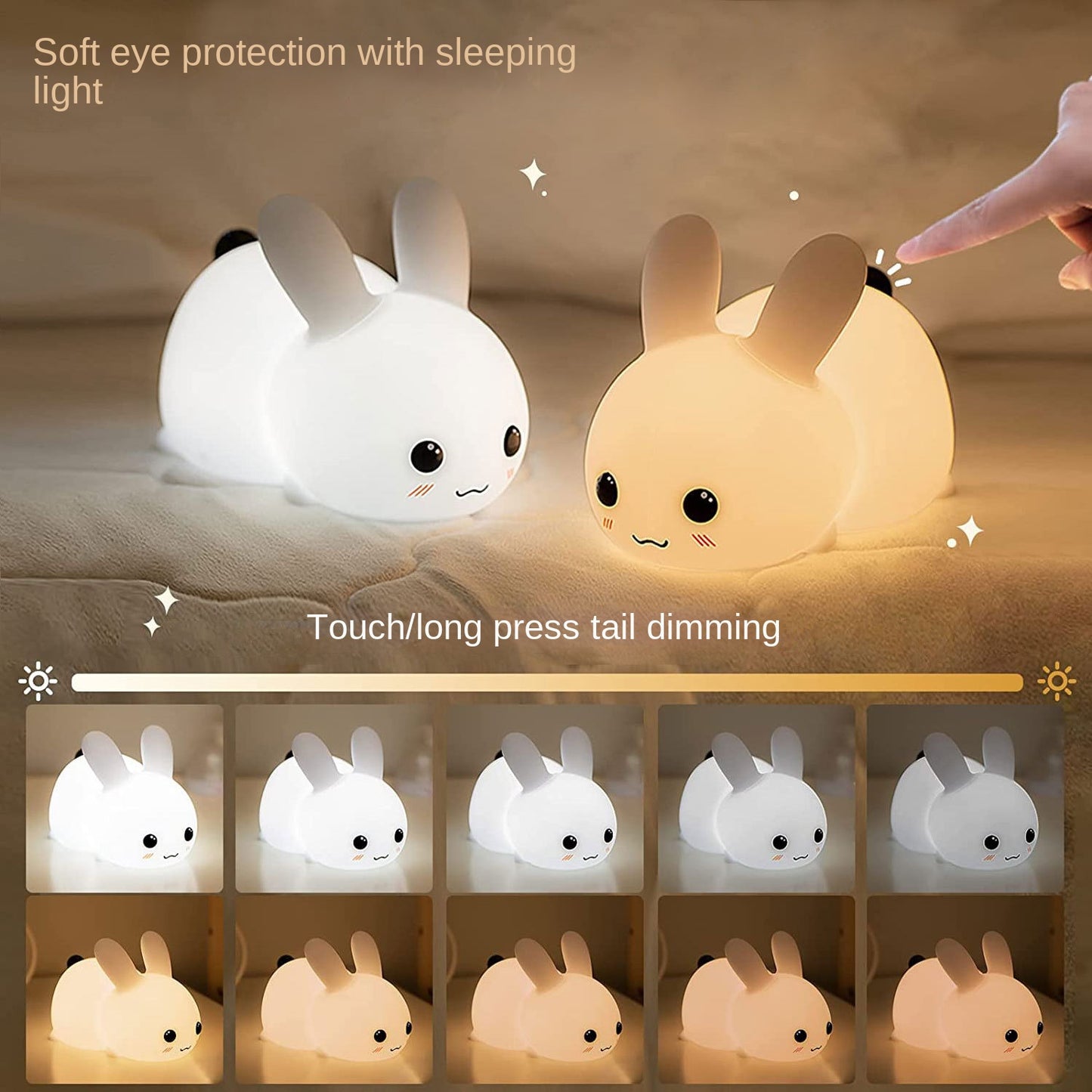 Silicone Night Light - Cute Bunny Lights for Kids Bedroom Baby Nursery, Girls or Boys -Portable USB Rechargeable Soft LED Lamp with Sensitive Touch Control - Snow White Bunny Lamp