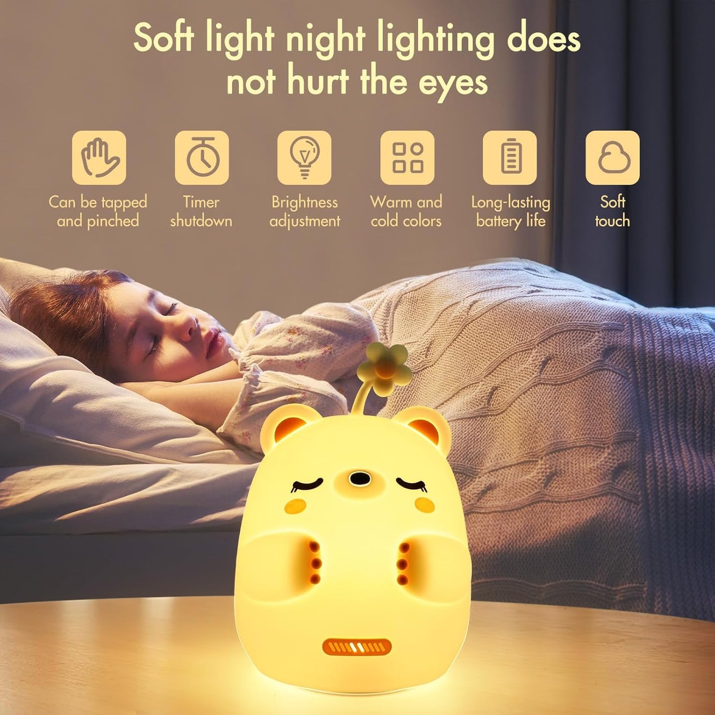 xinruizhi Night Light Cute Baby Lights, Nursery Breastfeeding Light for Babyroom, USB Touch Silicone Bear Bedside Lamp for Kids, 2 Color Temperature and 4 Brightness Levels
