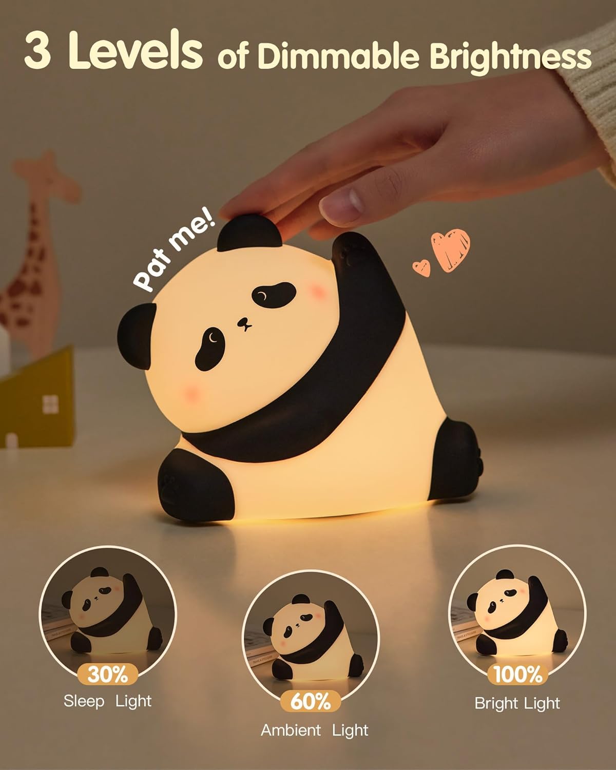 Panda Night Light Rechargeable 3 Level Dimmable LED Squishy Nursery Nightlight Food Grade Silicone Animal Night Lamps Cute Bedside Touch Lamp for Breastfeeding Toddler Baby Kids Gifts Decor