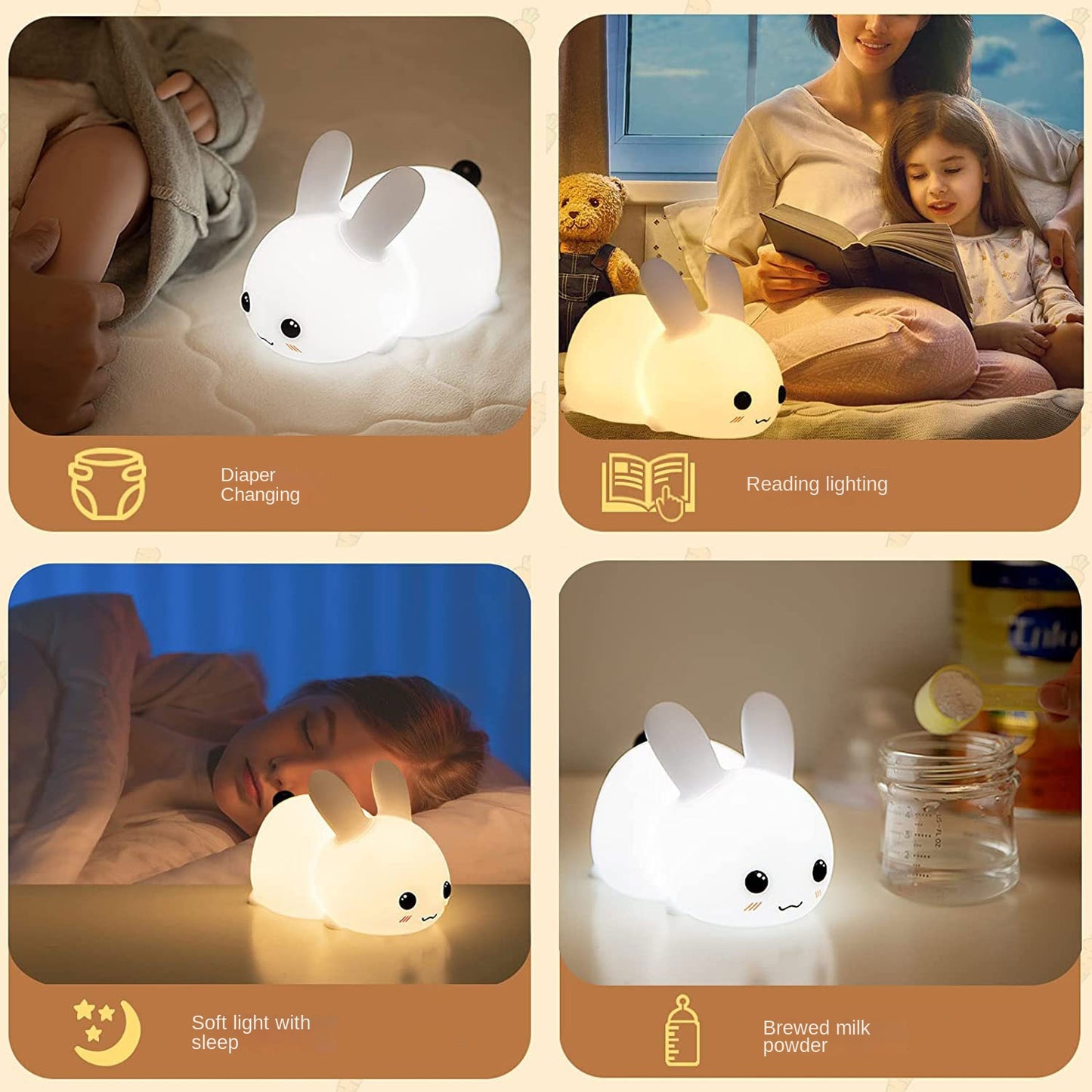 Silicone Night Light - Cute Bunny Lights for Kids Bedroom Baby Nursery, Girls or Boys -Portable USB Rechargeable Soft LED Lamp with Sensitive Touch Control - Snow White Bunny Lamp