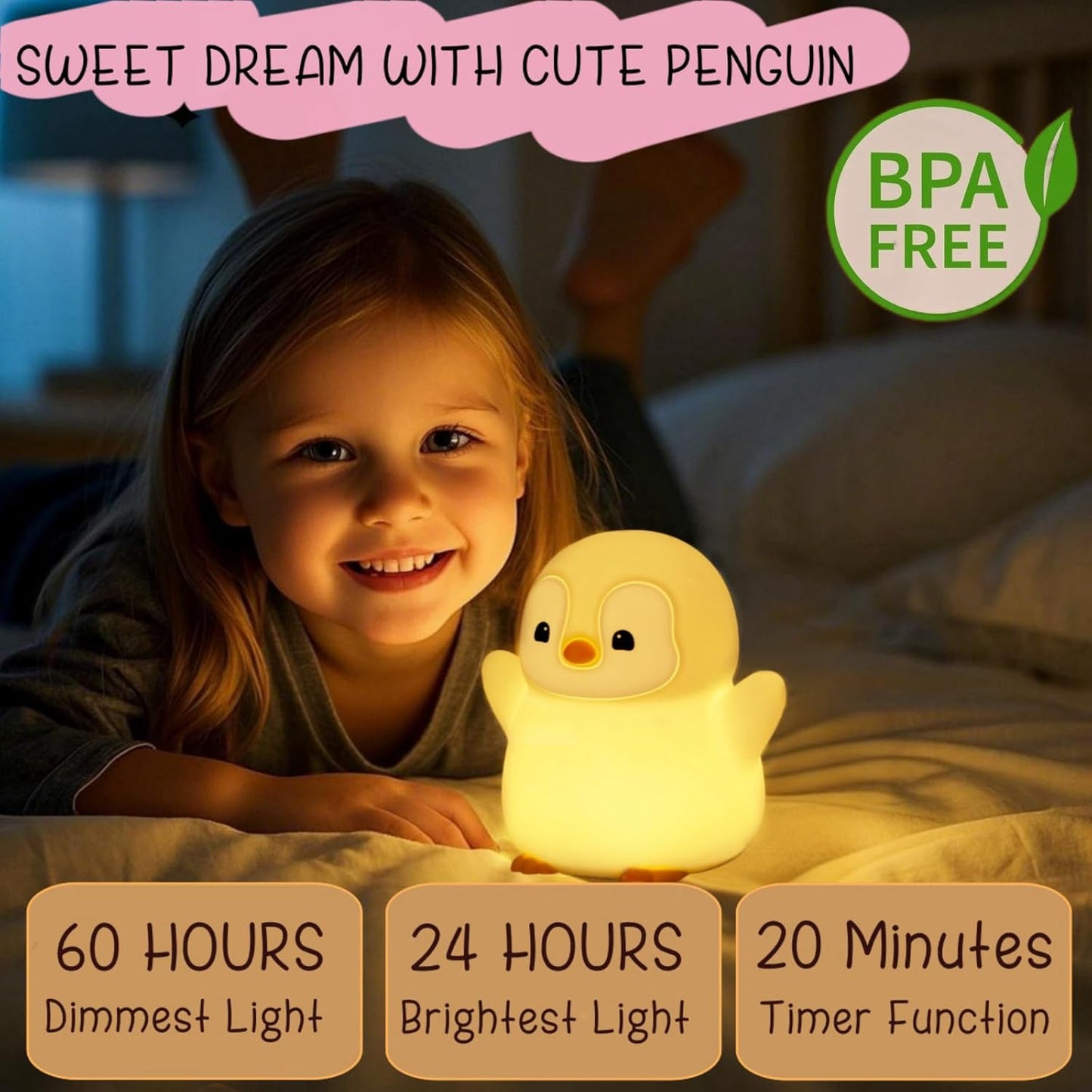 Cute Penguin Night Light, LED Squishy Novelty Penguin Lamp, Food Grade Silicone Dimmable Nightlight, Kids Gray Penguins Light, Rechargeable Light Up Penguins Gifts, Kids Room College Decor
