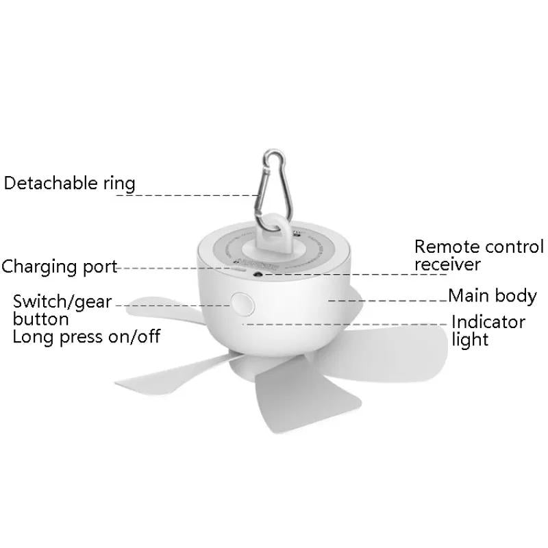 USB Rechargeable Small Ceiling Fan with Wireless Remote Control Outdoor Camping Dormitory Long Battery Life High Wind Power Mini Ceiling Fan