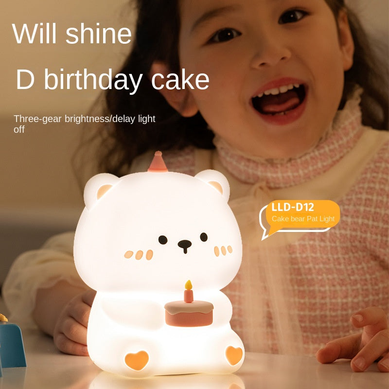 Bonita luz nocturna para niños luz nocturna de oso pastel de cumpleaños lámpara ambiental para guardería bebé apagado automático de 30 minutos regalo de cumpleaños para niñas y niños de