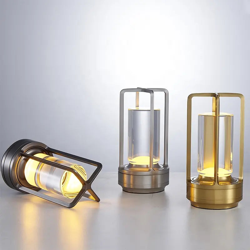 Cordless Table Lamp for Outdoor Indoor, Portable Metal Desk Lamp, Rechargeable LED Crystal Lantern Lamp, 3 Color Stepless Dimming Touch, Battery Powered Table Light for Bedroom Restaurant (Gold)