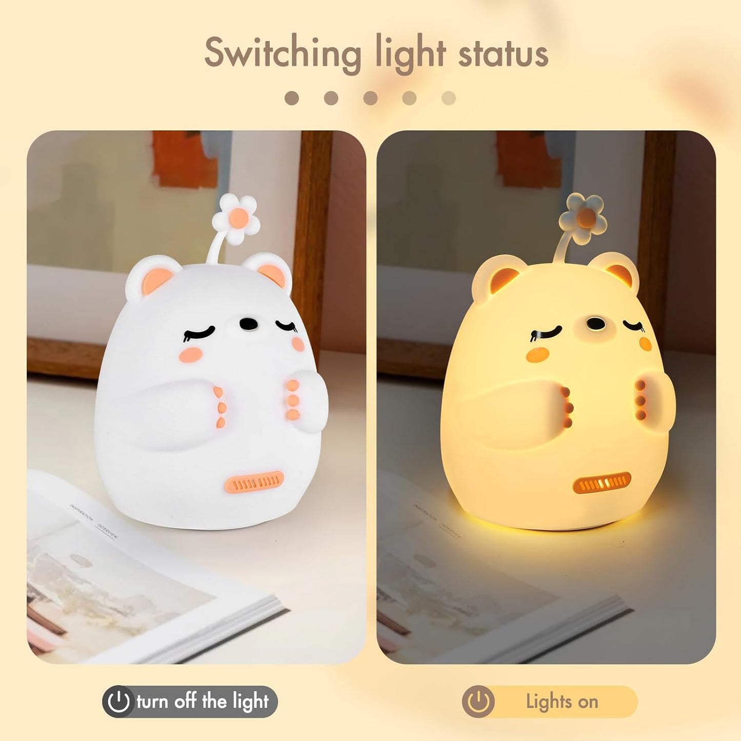 xinruizhi Night Light Cute Baby Lights, Nursery Breastfeeding Light for Babyroom, USB Touch Silicone Bear Bedside Lamp for Kids, 2 Color Temperature and 4 Brightness Levels