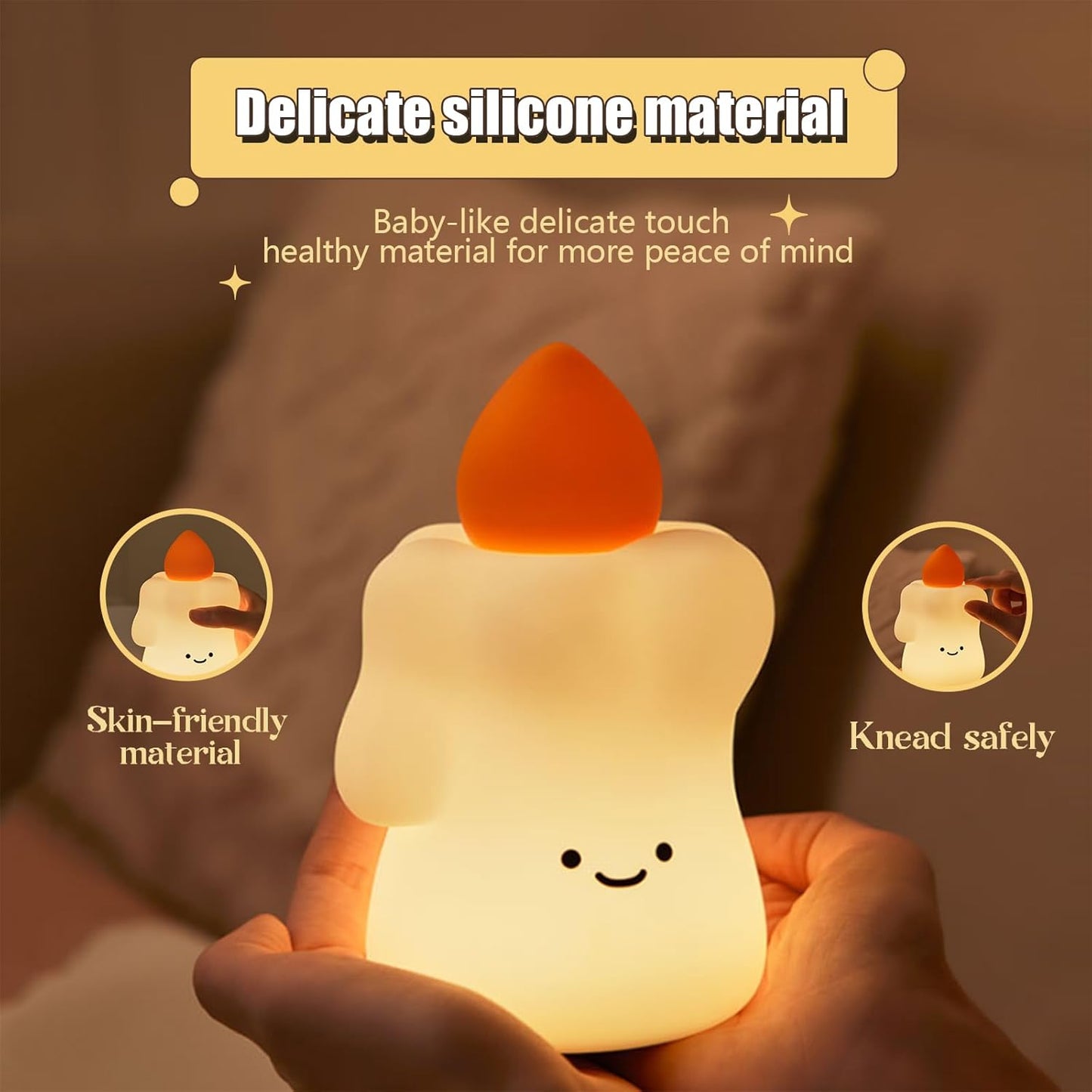 Silicone Candle Night Light, Halloween Candle LED Light Decorations, Cute Nursery Night Lamp for Kids, Rechargeable Office Desk Gifts, Timed Off, 3 Brightness Bedside Faucet Lamp