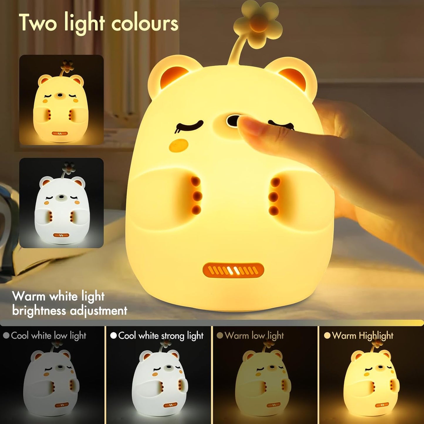 xinruizhi Night Light Cute Baby Lights, Nursery Breastfeeding Light for Babyroom, USB Touch Silicone Bear Bedside Lamp for Kids, 2 Color Temperature and 4 Brightness Levels