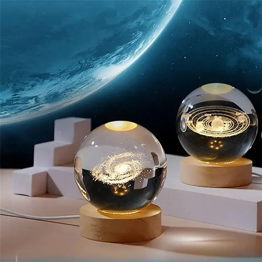 The Purple Tree 3D Crystal Ball Night Lamp, Solar System Engraved Crystal Ball Night Light, USB Table LED Wooden Stand with Crystal Ball for Home Office Diwali Decoration Birthday Gift