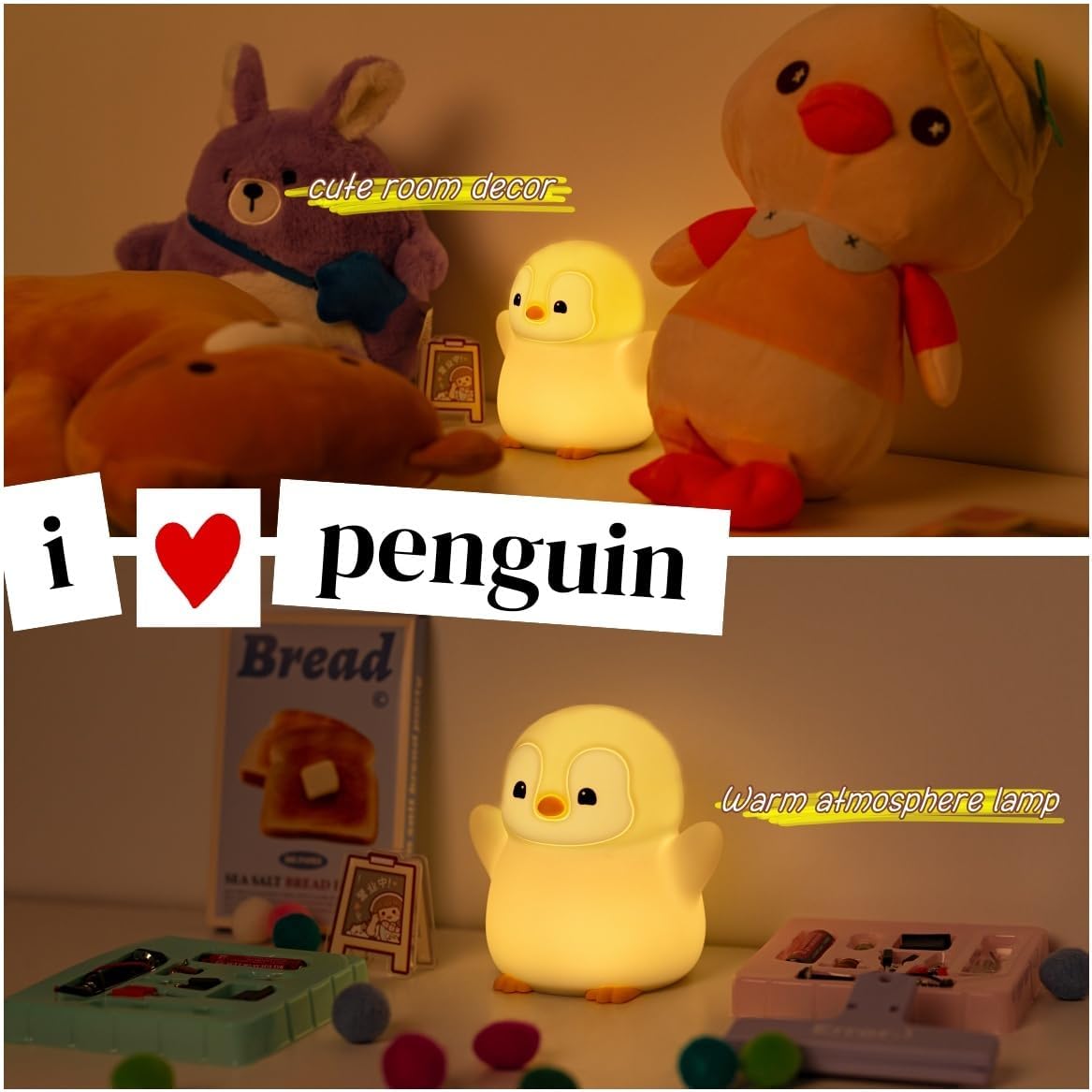 Cute Penguin Night Light, LED Squishy Novelty Penguin Lamp, Food Grade Silicone Dimmable Nightlight, Kids Gray Penguins Light, Rechargeable Light Up Penguins Gifts, Kids Room College Decor