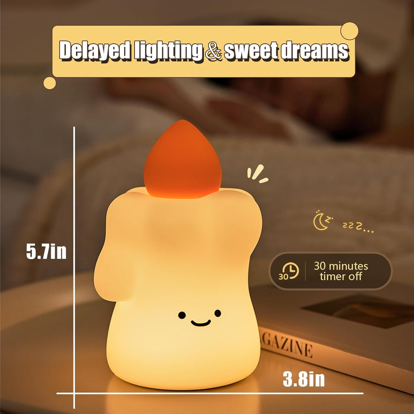 Silicone Candle Night Light, Halloween Candle LED Light Decorations, Cute Nursery Night Lamp for Kids, Rechargeable Office Desk Gifts, Timed Off, 3 Brightness Bedside Faucet Lamp