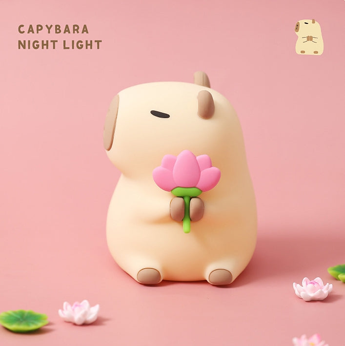 Capybara Night Light, Nursery Lamp, 7-Color RGB & 3-Level Warm Dimmable Warm, Tap Control, 30Min Timer, 100% Safe &Soft Silicone, Adorable, Soothing Ambiance, Gift for Kids, Detachable Flower