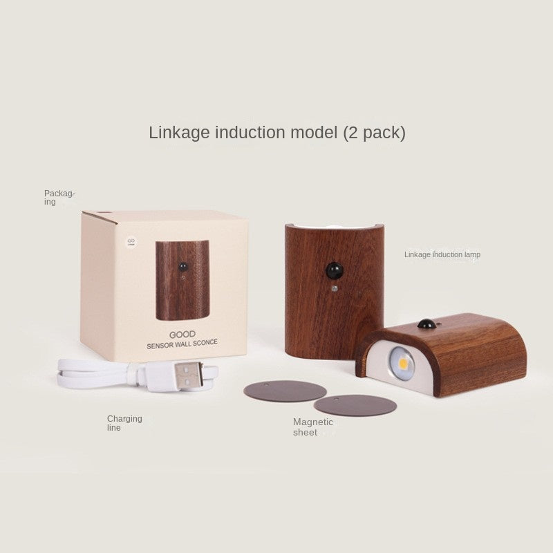 Motion Sensor Night Light, USB Rechargeable Magnetic Wall LED Light Wooden Motion Sensor Stairway Night Light for Bathroom, Hallway, Stairs, Bedroom, Kitchen