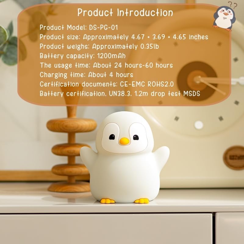 Cute Penguin Night Light, LED Squishy Novelty Penguin Lamp, Food Grade Silicone Dimmable Nightlight, Kids Gray Penguins Light, Rechargeable Light Up Penguins Gifts, Kids Room College Decor