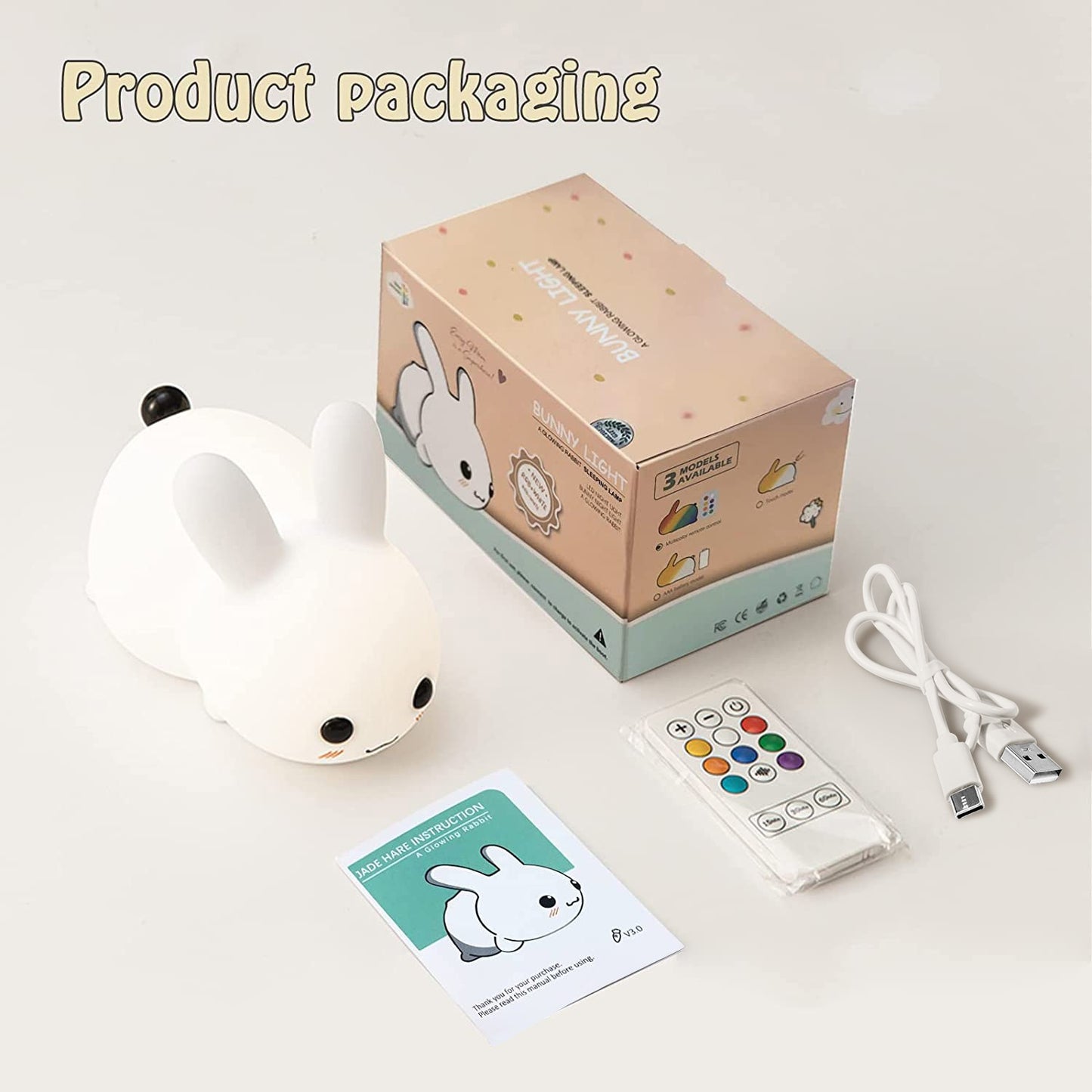 Silicone Night Light - Cute Bunny Lights for Kids Bedroom Baby Nursery, Girls or Boys -Portable USB Rechargeable Soft LED Lamp with Sensitive Touch Control - Snow White Bunny Lamp